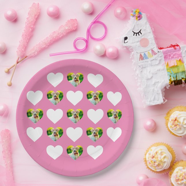 Custom Pet and Hearts Pattern Pink Paper Plates (Party)