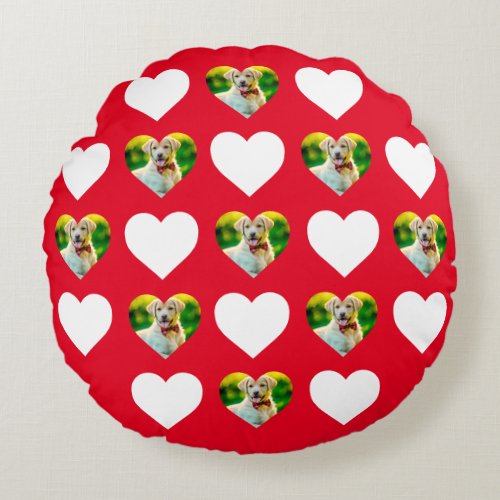 Custom Pet and Hearts Pattern Red Round Pillow