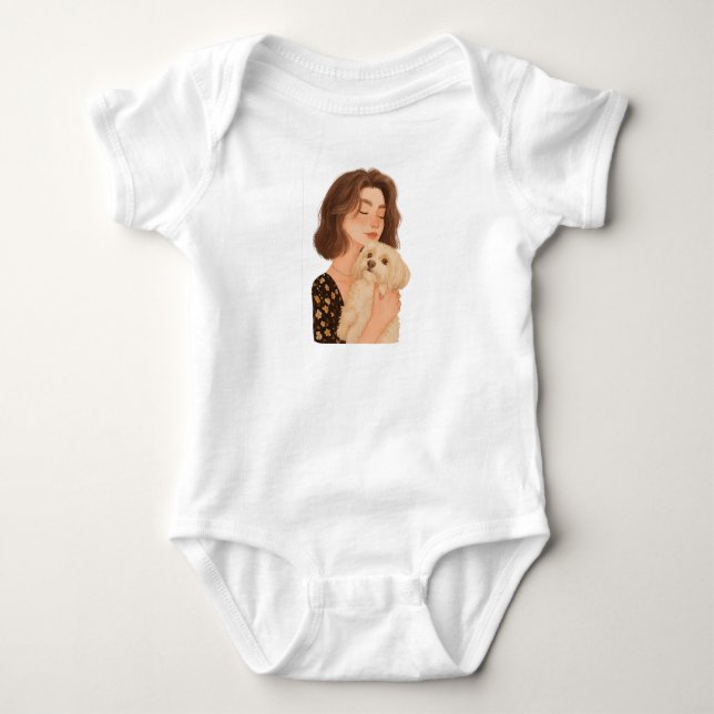Custom Pet and Owner Portrait Pet Illustration Por Baby Bodysuit (Front)