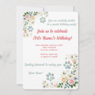 Custom Pet Birthday Invitation   Watercolor Floral