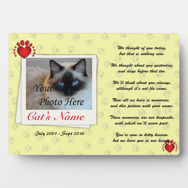 Custom Pet Cat Photo and Poem Memorial Plaque (Front)
