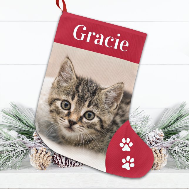 Custom Pet Cat Photo Holiday Red Personalized Large Christmas Stocking (Creator Uploaded)