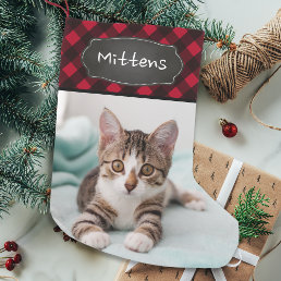 Custom Pet Cat Photo Rustic Red Buffalo Plaid Small Christmas Stocking