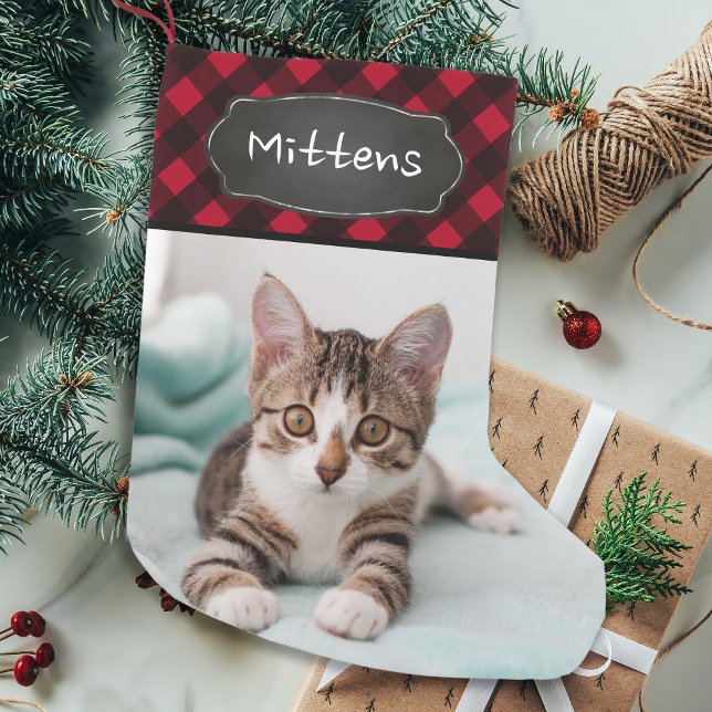 Custom Pet Cat Photo Rustic Red Buffalo Plaid Small Christmas Stocking (Creator Uploaded)