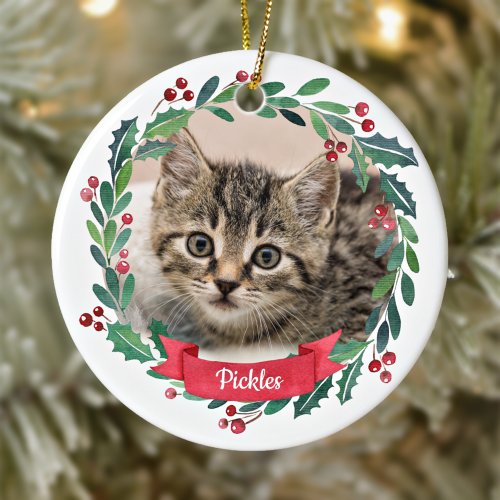 Custom Pet Cat Photo Watercolor Wreath Christmas Ceramic Ornament