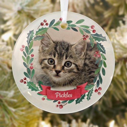 Custom Pet Cat Photo Watercolor Wreath Christmas Glass Ornament