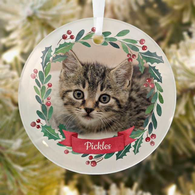 Custom Pet Cat Photo Watercolor Wreath Christmas Glass Ornament (Creator Uploaded)