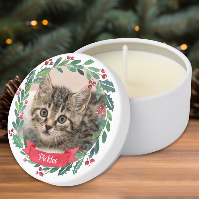 Custom Pet Cat Photo Watercolor Wreath Christmas Mini Candle Favors (Creator Uploaded)