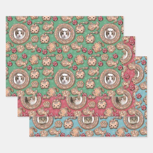 Custom Pet Cat Photos Gingerbread Cookies Holiday Wrapping Paper Sheets
