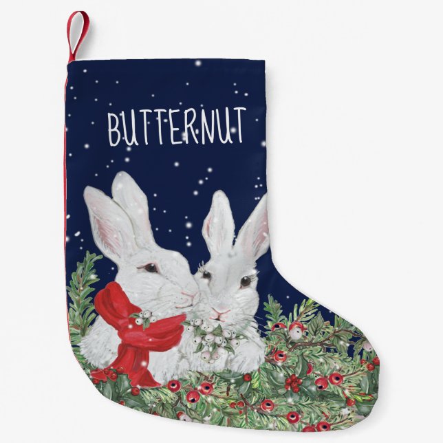 Custom Pet Christmas Bunny Rabbit Blue Snow Cute Small Christmas Stocking (Front)