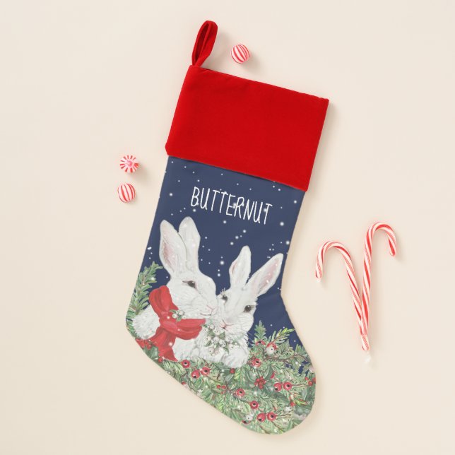 Custom Pet Christmas Bunny Rabbit Greenery Snow Christmas Stocking (Front)