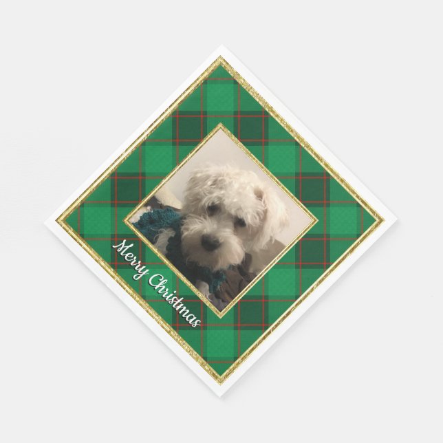 Custom Pet Christmas Photo Frame Red & Green Plaid Napkins (Corner)