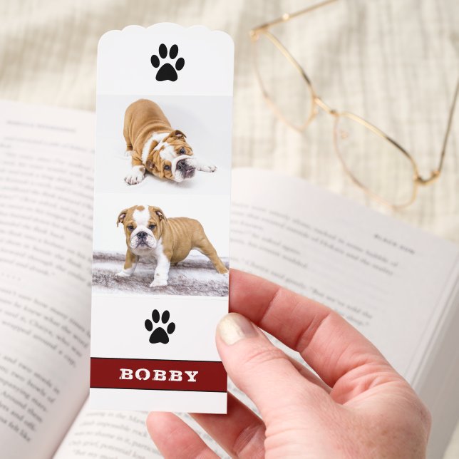 Custom Pet Dog 2 Photo and Name Paw Print Bookmarks (Hand)