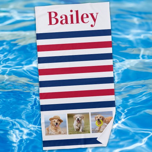 Custom Pet Dog 3 Photo Collage Red Blue Stripe Beach Towel