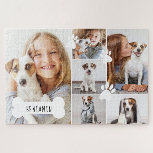 Custom Pet Dog Bone  Paw Print Photo Collage Jigsaw Puzzle