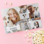 Custom Pet Dog Bone & Paw Print Photo Collage Jigsaw Puzzle<br><div class="desc">A memorable and personalized pet photo collage jigsaw puzzle to display and cherish your special pet memories. Our design features a simple multiple photo collage design with a 6 photo design layout. Personalize with your pets's name inside the white dog bone. Cute white pet paw prints are scattered around the...</div>