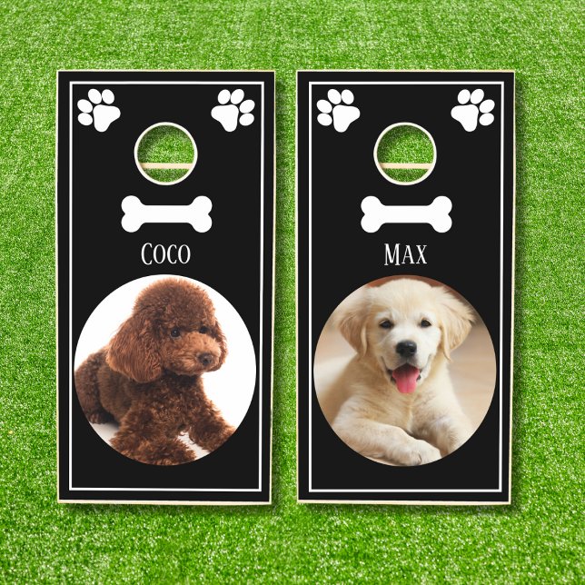 Custom Pet Dog Photo and Name Black Personalized Cornhole Set (Customize this elegant black and white cornhole set with photos and names of your pet dogs)