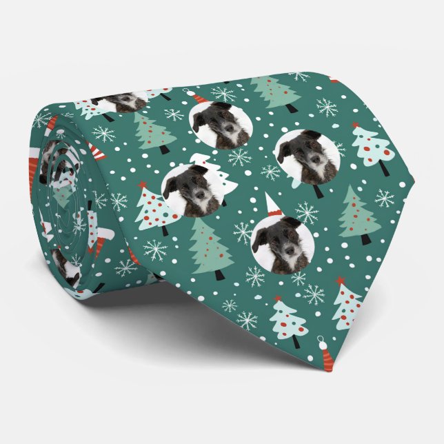 Custom Pet Dog Photo Christmas Pattern Green Neck Tie (Rolled)