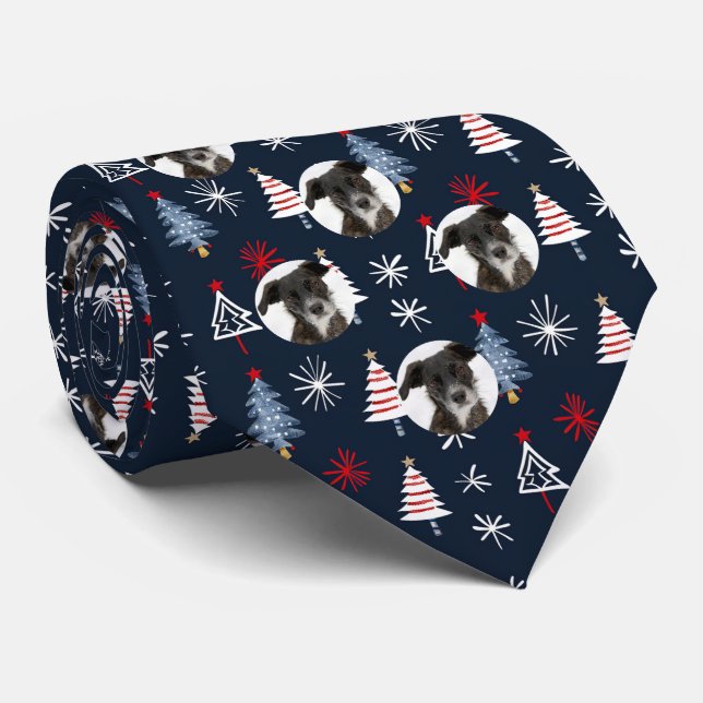 Custom Pet Dog Photo Christmas Tree Pattern Navy Neck Tie (Rolled)