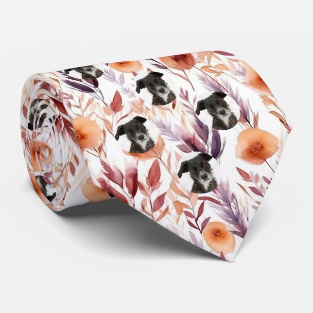 Custom Pet Dog Photo Dried Flowers Pattern Neck Tie (Rolled)