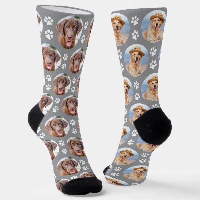 Custom Pet Dog Photo Gray Mismatched Paw Prints  Socks (Angled)