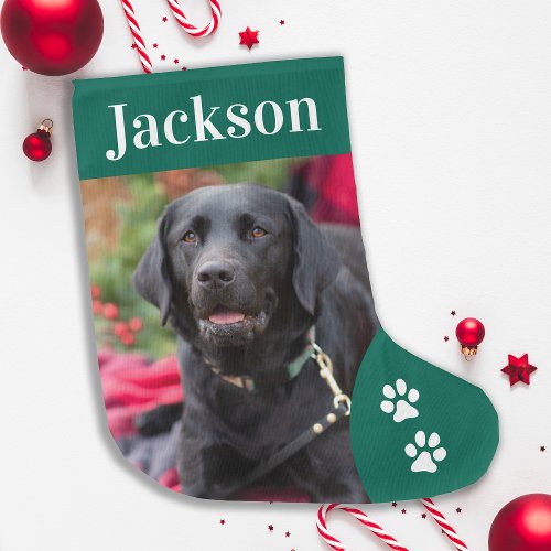 Custom Pet Dog Photo Holiday Green Personalized Large Christmas Stocking
