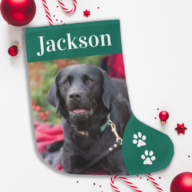 Custom Pet Dog Photo Holiday Green Personalized Large Christmas Stocking (Creator Uploaded)