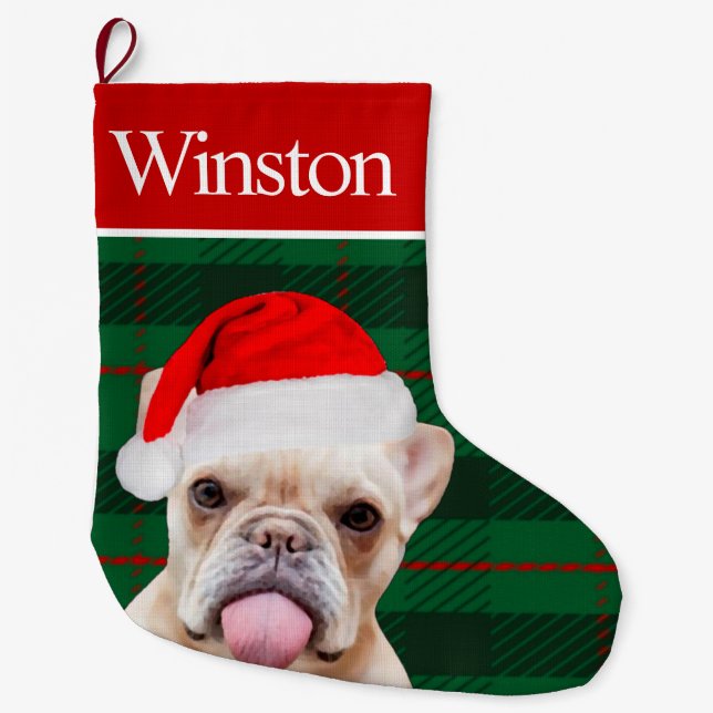 Custom Pet Dog Photo Holiday Personalized Frenchie Large Christmas Stocking (Front)
