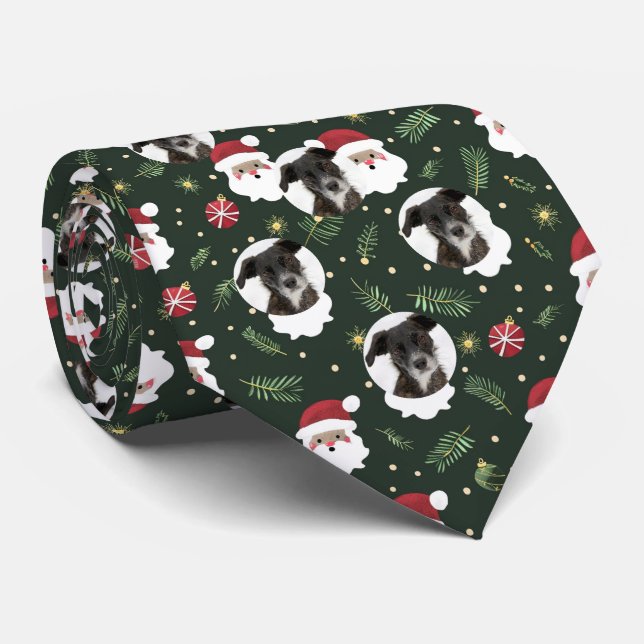 Custom Pet Dog Photo Santa Claus Pattern Green Neck Tie (Rolled)