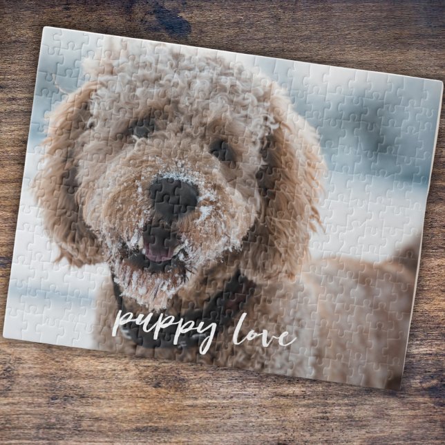 Custom Pet Dog Photo Template Puppy Love Script  Jigsaw Puzzle (Upload your pet photo. "Puppy love" can be changed to your dogs name too.)