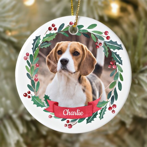 Custom Pet Dog Photo Watercolor Wreath Christmas Ceramic Ornament