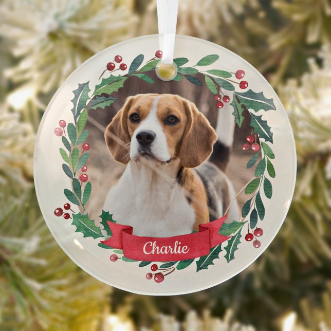 Custom Pet Dog Photo Watercolor Wreath Christmas Glass Ornament (Creator Uploaded)