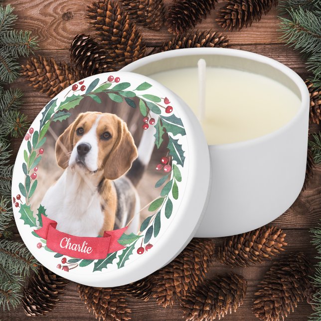 Custom Pet Dog Photo Watercolor Wreath Christmas Mini Candle Favors (Creator Uploaded)