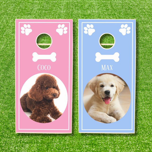 Custom Pet Dog Photos and Names Personalized Cornhole Set (Customize this pastel pink and blue cornhole board set with your pet dogs' photos and names)