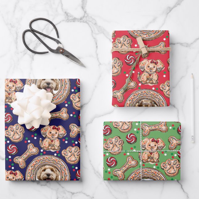 Custom Pet Dog Photos & Gingerbread Cookie Holiday Wrapping Paper Sheets (Front)