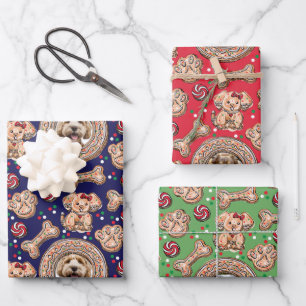 Custom Pet Dog Photos & Gingerbread Cookie Holiday Wrapping Paper Sheets