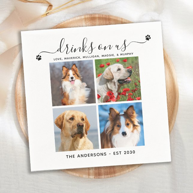 Custom Pet Dog Wedding 4 Photo Drinks On Us Bar Napkins (Creator Uploaded)