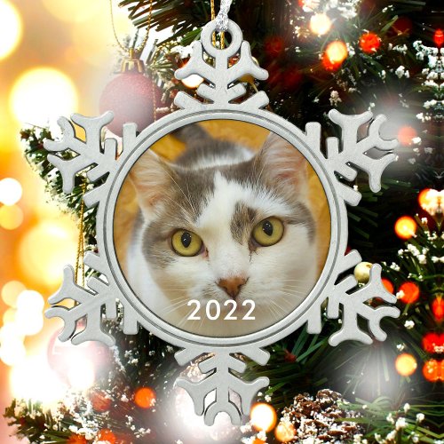Custom Pet Family Photo Text Snowflake Pewter Christmas Ornament