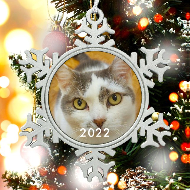 Custom Pet Family Photo Text Snowflake Pewter Christmas Ornament (Creator Uploaded)