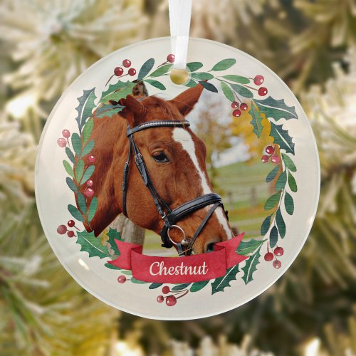 Custom Pet Horse Photo Watercolor Wreath Christmas Glass Ornament