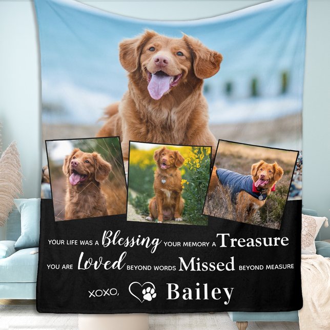 Custom Pet Loss Dog Memorial Remembrance 4 Photo Fleece Blanket (Creator Uploaded)
