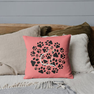 Custom Pet Lover Cat Black Paw Pattern On Salmon Throw Pillow