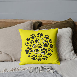 Custom Pet Lover Cat Black Paw Pattern On Yellow Throw Pillow