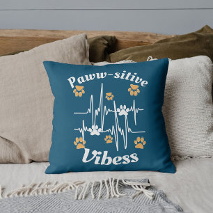 Custom Pet Lover Funny Heartbeat Cat Paw On Blue Throw Pillow