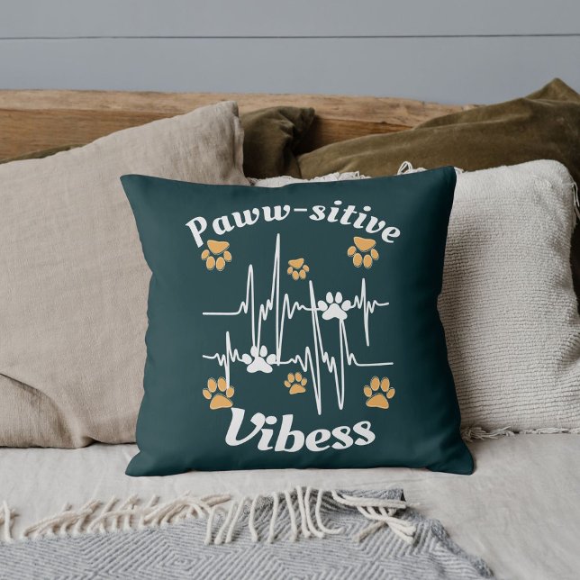 Custom Pet Lover Funny Heartbeat Cat Paw On Teal Throw Pillow (Creator Uploaded)