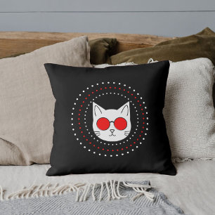 Custom Pet Lover Mascot Cat Red White Dot On Black Throw Pillow
