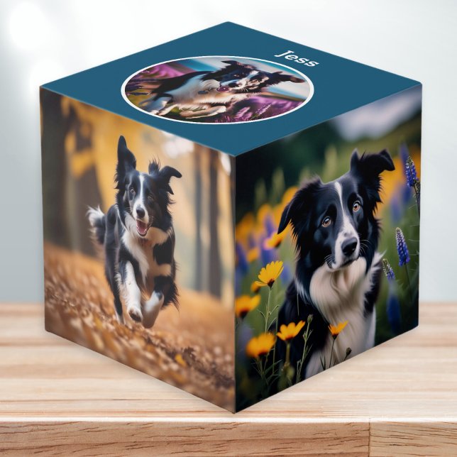 Custom Pet Lover Personalized Dog Multi Photo Blue Cube (A stylish photo cube to personalize with your dog's photos and name)
