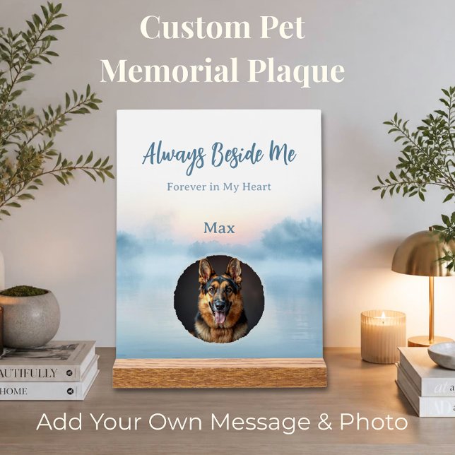 Custom Pet Memorial Acrylic Plaque with Wood Stand Sign (Custom pet memorial acrylic plaque with personalized text, photo, and name remembrance gift.)