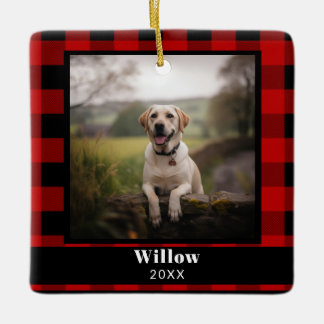 Custom Pet Memorial Photo Buffalo Plaid Ceramic Ornament