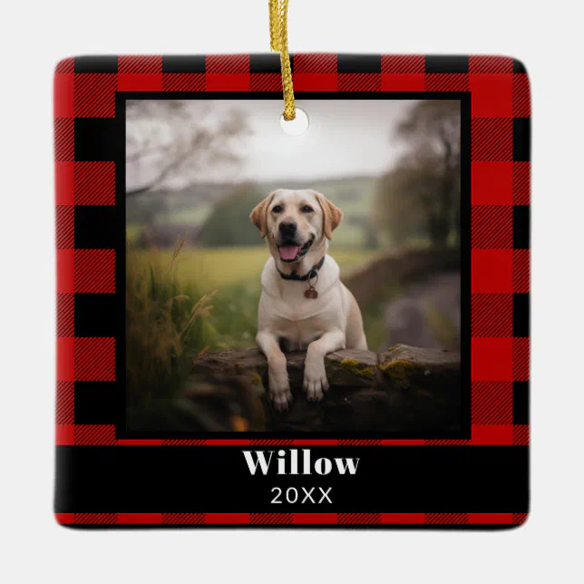 Custom Pet Memorial Photo Buffalo Plaid Ceramic Ornament | Zazzle